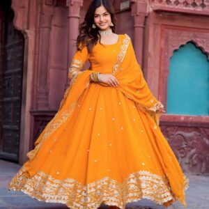 Yellow Faux Georgette Anarkali Gown Set