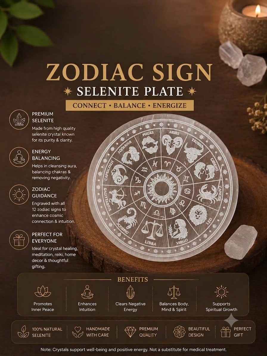 Zodiac Selenite Plate | Crystal Cleansing & Charging – Youteek 1 Natural Zodiac Selenite Plate engraved with all 12 Zodiac Signs. Ideal for crystal cleansing, charging, meditation and elegant spiritual décor. Brings clarity, peace and positive energy. Zodiac Selenite Plate