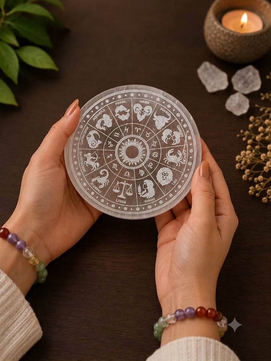 Zodiac Selenite Plate | Crystal Cleansing & Charging – Youteek 2 Natural Zodiac Selenite Plate engraved with all 12 Zodiac Signs. Ideal for crystal cleansing, charging, meditation and elegant spiritual décor. Brings clarity, peace and positive energy. Zodiac Selenite Plate