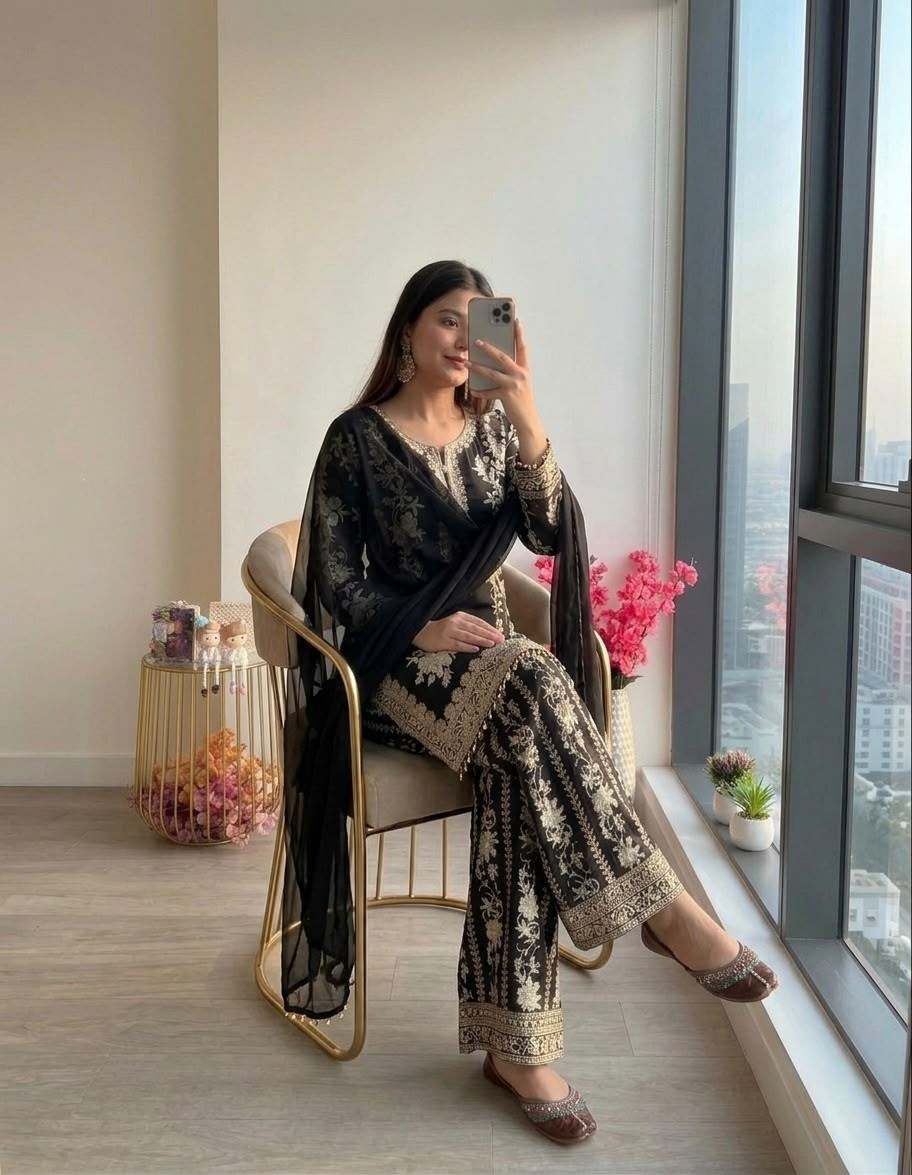 Heavy Star Georgette Top Plazzo & Dupatta Set 2 Designer party wear heavy star georgette top plazzo & dupatta set with heavy 3 mm sequence embroidery and micro cotton inner. Fully stitched in sizes M, L, XL, XXL. Heavy Star Georgette Top Plazzo & Dupatta Set | Code PD1157