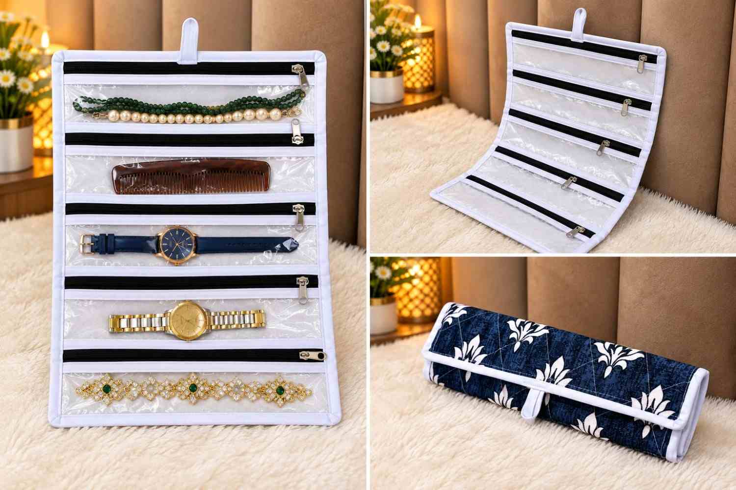 Premium 5 Long Pockets Travel Organizer | Navy Blue & White 1 Premium finish travel organizer with 5 long pockets for watches, chains, anklets, and combs. Lightweight 100g, roll-up design in Navy Blue and White. Size 17" x 10". Premium 5 Long Pockets Travel Organizer | Navy Blue & White
