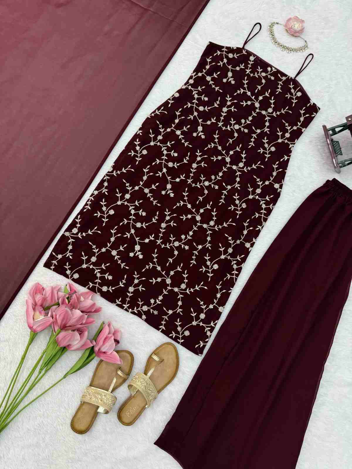 Flux Georgette Thread Sequence Kurti Pant Set 1 Exclusive 3-piece Flux Georgette kurti pant set with intricate thread and sequence work, soft micro cotton inner lining, stretchable elastic waist pant, and 2.2-meter faux georgette lace dupatta. Fully stitched in sizes M, L, XL, XXL with extra 3XL side margin. Flux Georgette Thread Sequence Kurti Pant Set | Style Code 6067
