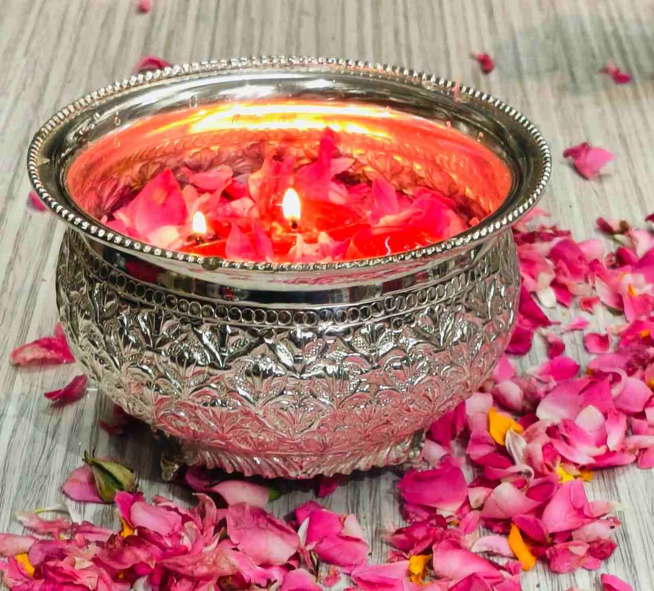 German Silver Nakkashi Urli Bowl | 6 Inch Flower Carving 2 High quality pure German silver nakkashi urli / prasadam bowl with flower carving. Size 6 inch. Never turn black. Perfect for puja and festive décor. German Silver Nakkashi Urli Bowl | 6 Inch Flower Carving