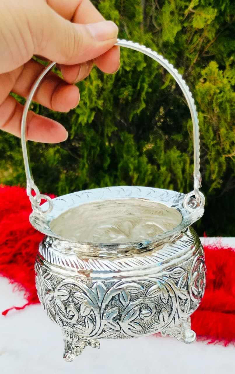 Antique German Silver Mini Urli | Flower Carving Basket 2 Antique German silver flower carving mini urli / basket. Width 4.5 inch, Height 3.5 inch. Perfect for home décor, puja and gifting. Antique German Silver Mini Urli | Flower Carving Basket