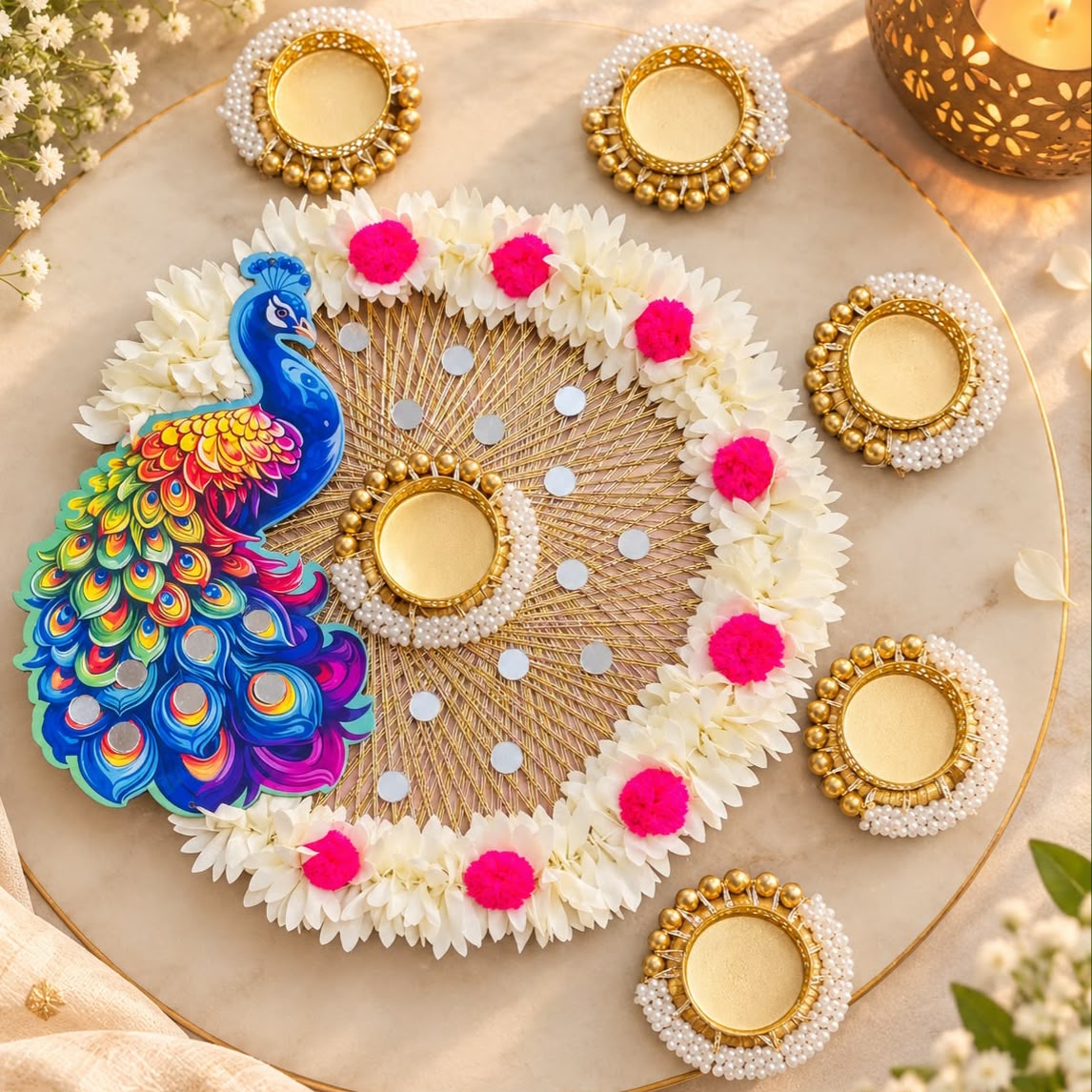 Handmade Peacock Rangoli Platter | 10 Inch with T-Light Holders 2 100% handmade 10 inch peacock rangoli platter with central T-light holder and 5 side holders. Perfect for puja room, mandir, Diwali, housewarming and gifting. Easy to assemble. Handmade Peacock Rangoli Platter | 10 Inch with T-Light Holders