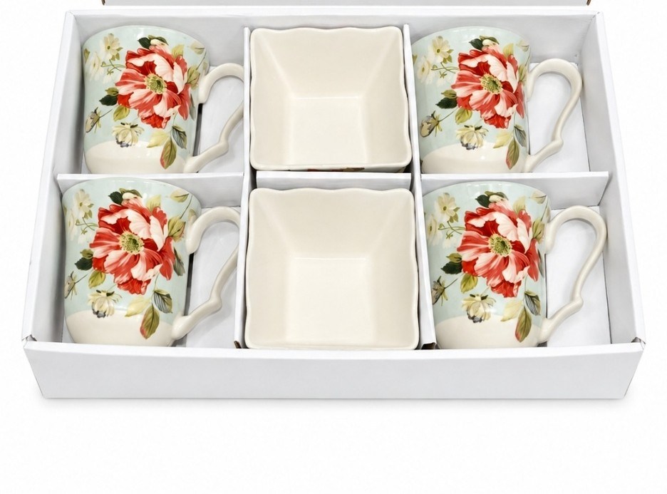 Oriana Bowl and Mug Set | 4 Mugs + 2 Bowls Porcelain Combo 2 Gifting special Oriana bowl and mug set combo. Includes 4 mugs and 2 bowls in fine porcelain. Gift box packaging. Perfect for home use and gifting. Oriana Bowl and Mug Set | 4 Mugs + 2 Bowls Porcelain Combo