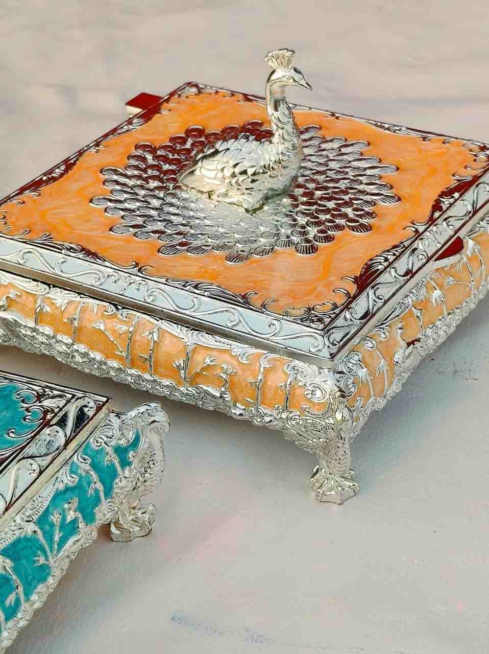 German Silver Enamel Dryfruit Box | Square 5 Inch 3 Pure German silver square dryfruit box with imported enamel finish. Available in 4 colours. Size 5 inch. Cardboard box pack. MOQ 1 piece. German Silver Enamel Dryfruit Box | Square 5 Inch