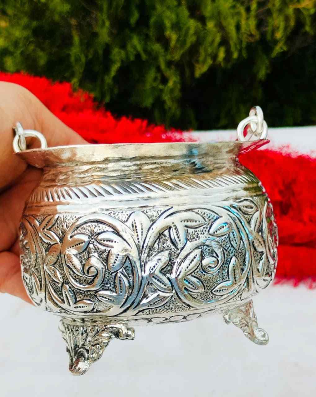 Antique German Silver Mini Urli | Flower Carving Basket 1 Antique German silver flower carving mini urli / basket. Width 4.5 inch, Height 3.5 inch. Perfect for home décor, puja and gifting. Antique German Silver Mini Urli | Flower Carving Basket
