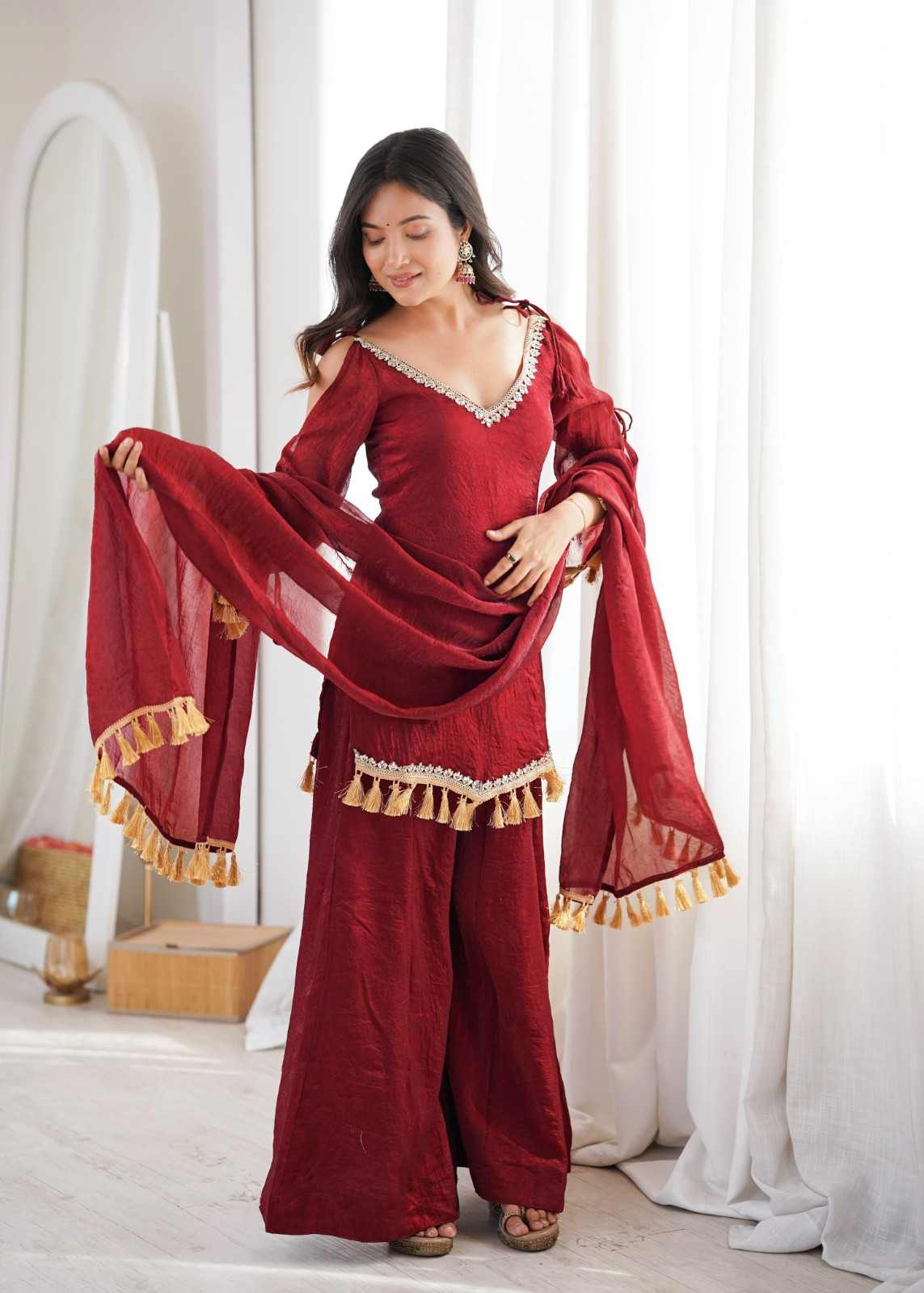 Doremon Crush Real Mirror Work Kurti Plazzo Set | SRK-5357 3 Designer festive wear Doremon Crush kurti plazzo set featuring real mirror work lace border trimming, breathable heavy micro cotton inner lining, full sleeves, and matching crushed dupatta. Fully stitched in sizes S, M, L, XL, XXL. Doremon Crush Real Mirror Work Kurti Plazzo Set | SRK-5357
