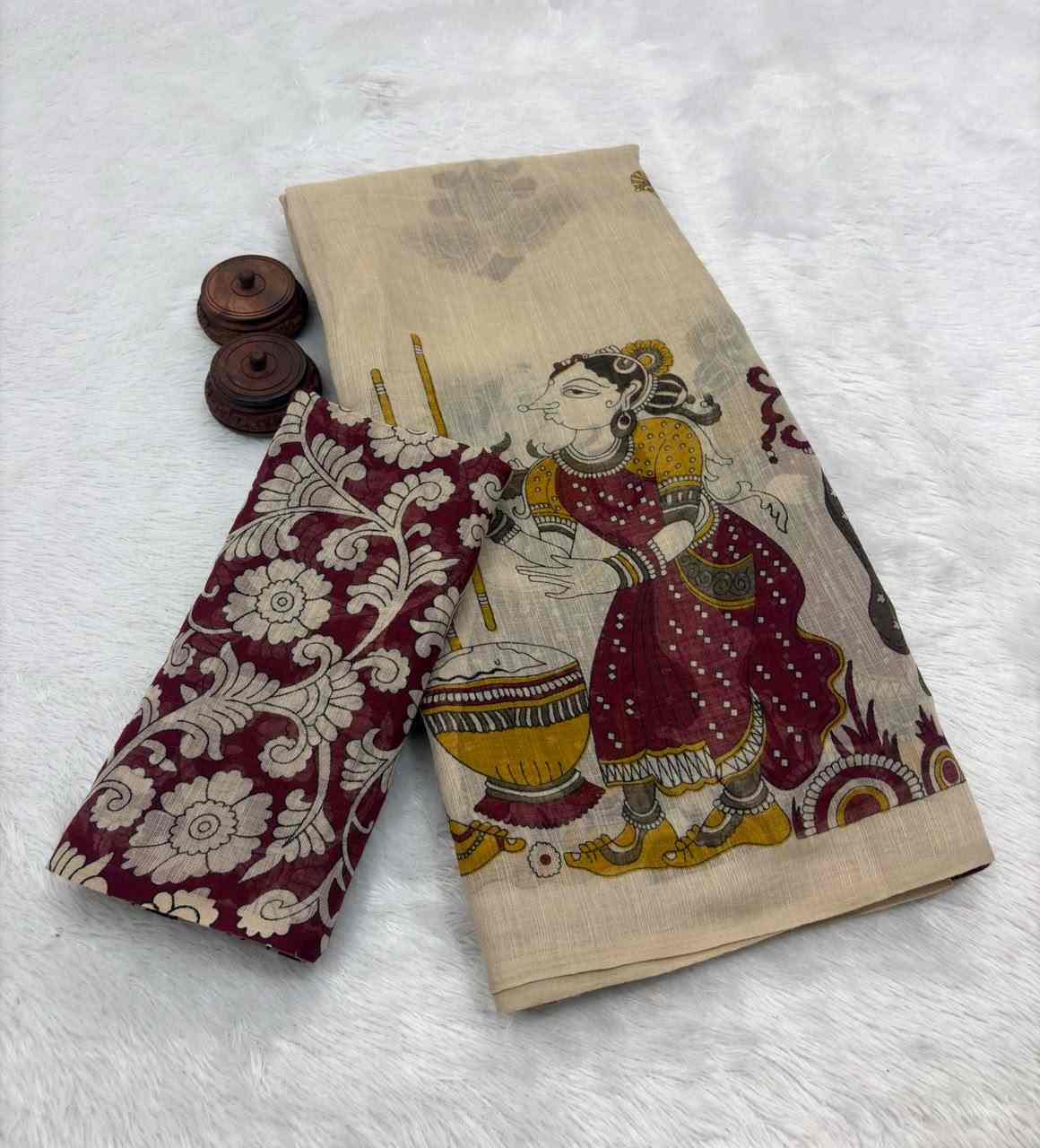 Soft Linen Cotton Ikkat Saree | HD Print with Running Blouse 2 Soft linen cotton saree with a beautiful ikkat-style HD print. Matching running blouse in soft linen cotton. Length 6.30 meters. Catalogue Chaitali. Soft Linen Cotton Ikkat Saree | HD Print with Running Blouse