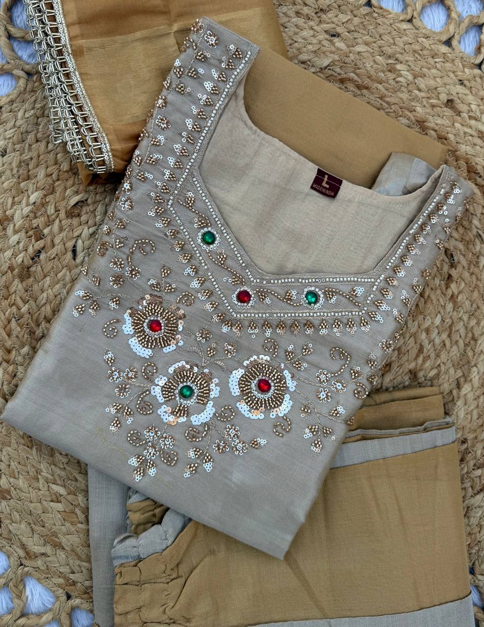 Banarasi Viscose Pakistani Gharara Suit Readymade | Youteek 2 Ready-to-wear Pakistani style Banarasi viscose gharara suit with handcrafted stone and bead work, flared bottom and cutdana lace dupatta. Festive stitched set. banarasi viscose pakistani gharara suit readymade