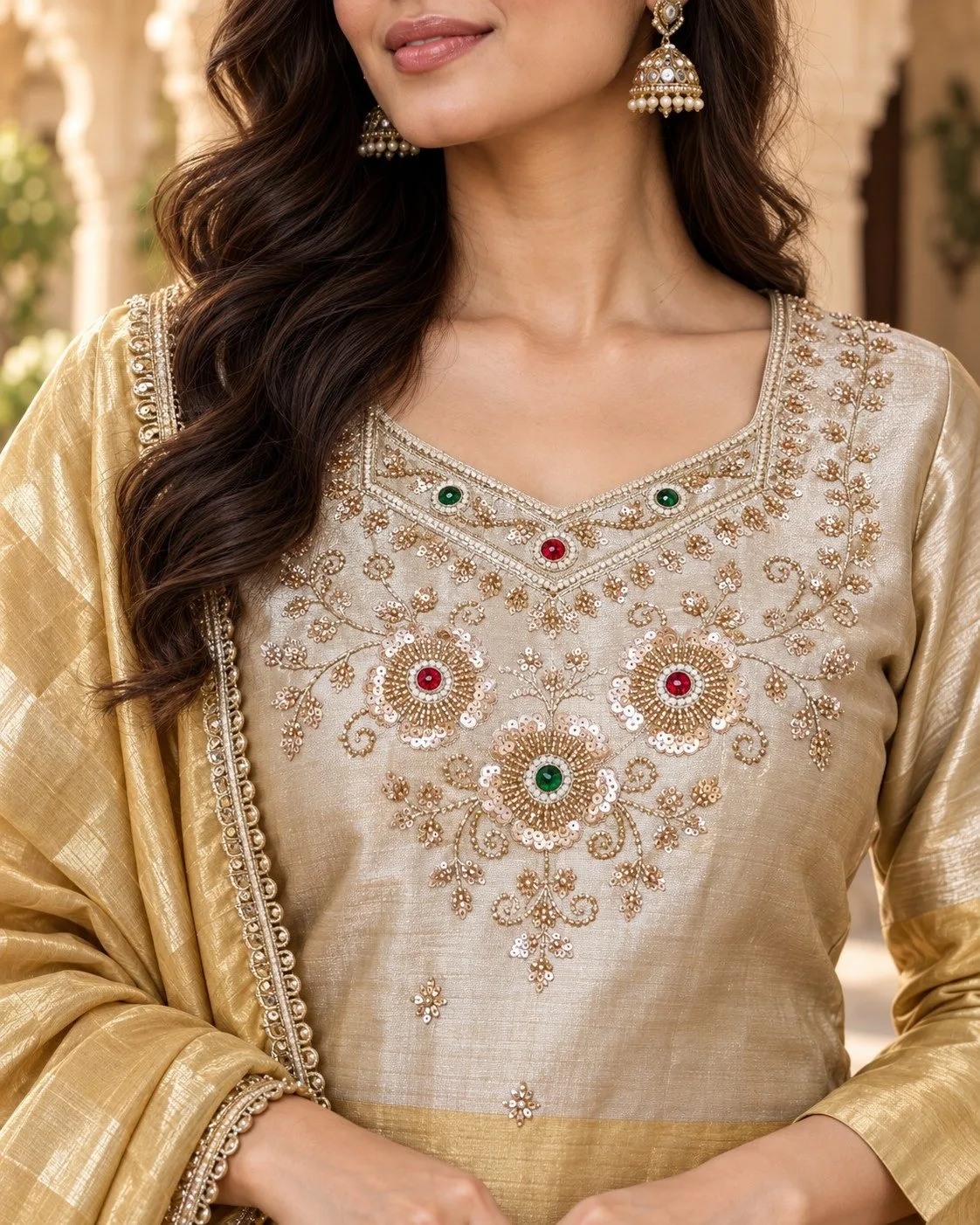 Banarasi Viscose Pakistani Gharara Suit Readymade | Youteek 3 Ready-to-wear Pakistani style Banarasi viscose gharara suit with handcrafted stone and bead work, flared bottom and cutdana lace dupatta. Festive stitched set. banarasi viscose pakistani gharara suit readymade