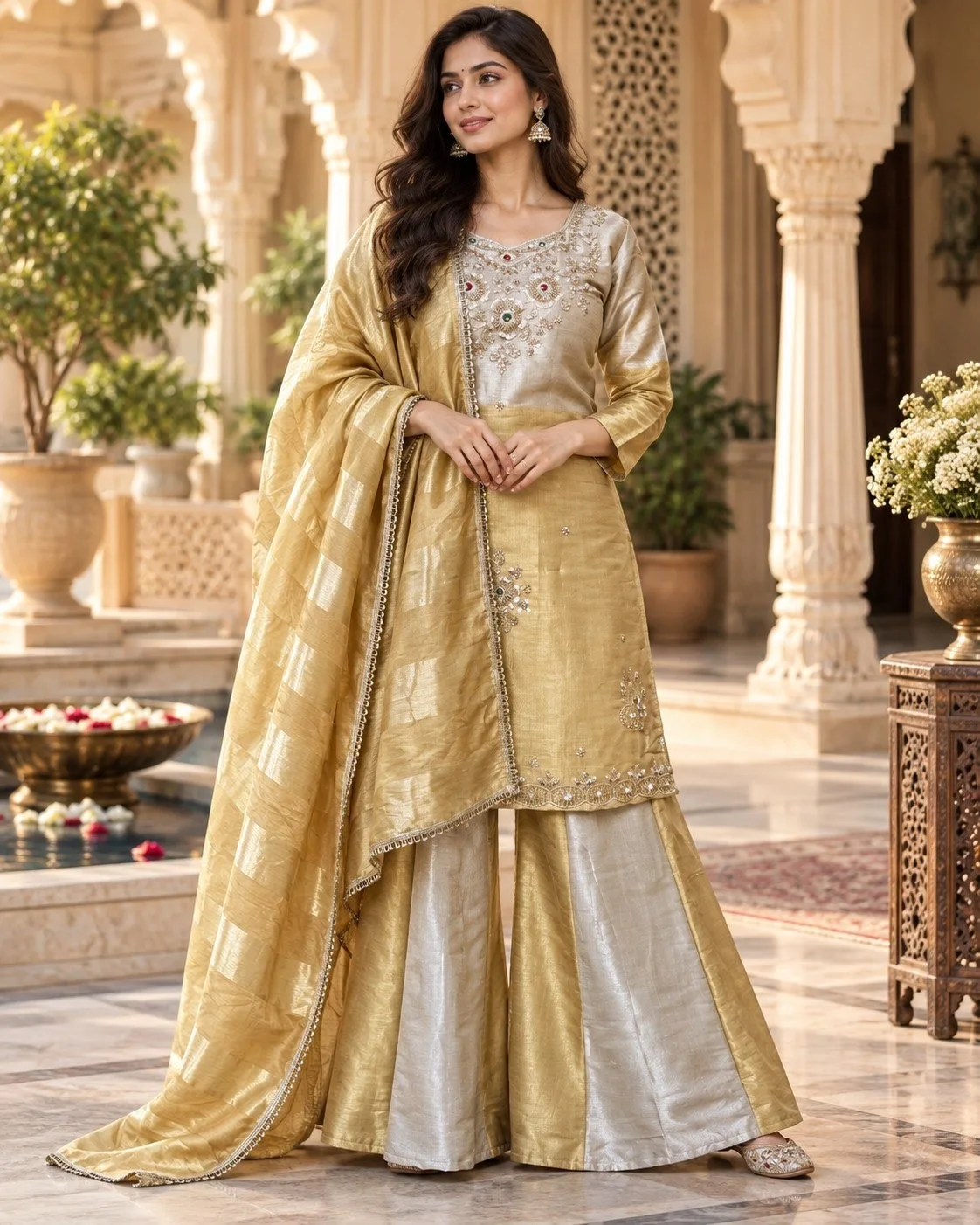 Banarasi Viscose Pakistani Gharara Suit Readymade | Youteek 4 Ready-to-wear Pakistani style Banarasi viscose gharara suit with handcrafted stone and bead work, flared bottom and cutdana lace dupatta. Festive stitched set. banarasi viscose pakistani gharara suit readymade