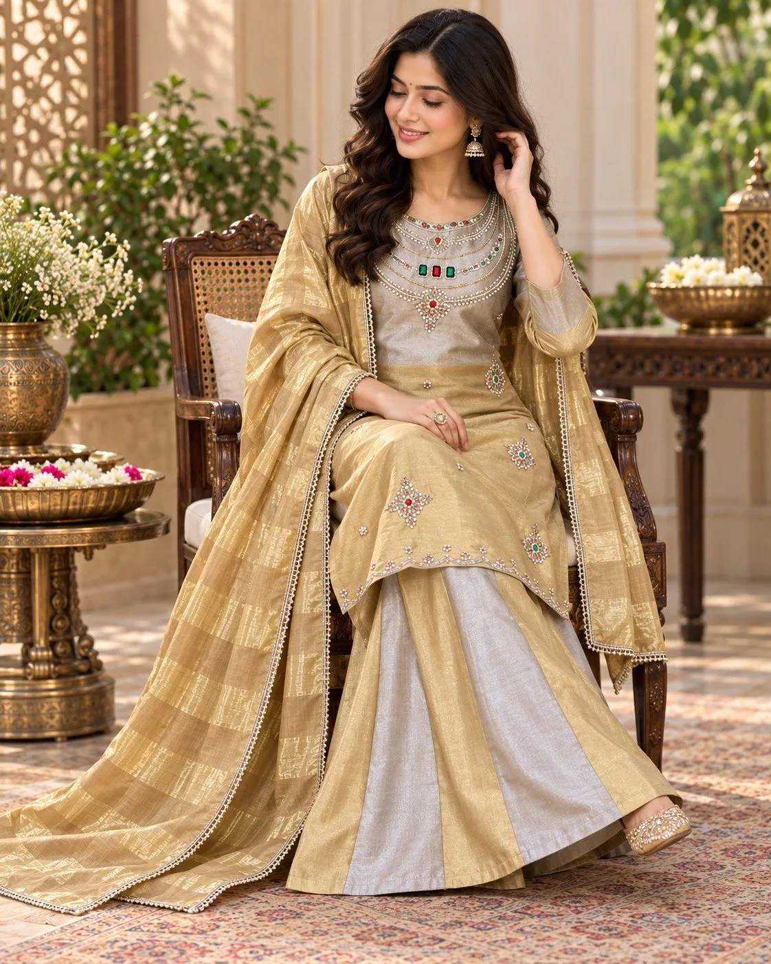 Banarasi Viscose Pakistani Gharara Suit Readymade | Youteek 1 Ready-to-wear Pakistani style Banarasi viscose gharara suit with handcrafted stone and bead work, flared bottom and cutdana lace dupatta. Festive stitched set. pakistani gharara suits