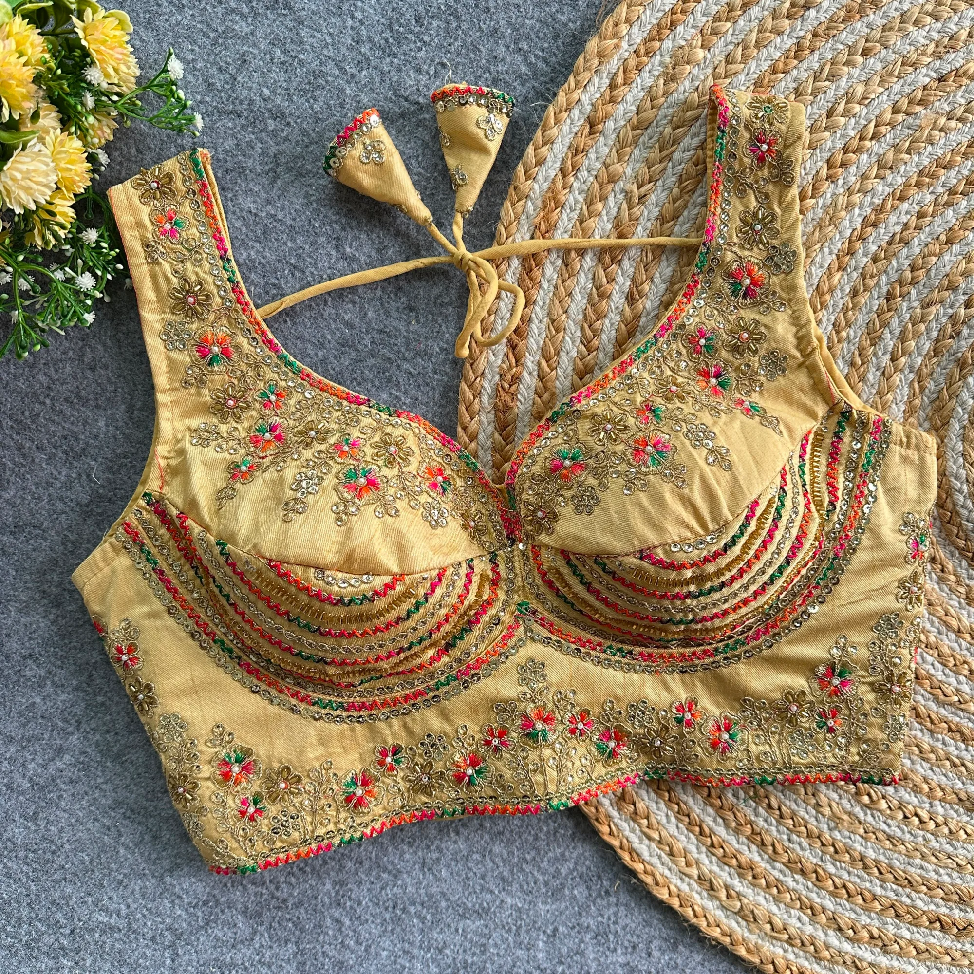 Beads Work Party Blouse | Italian Silk Size 38 to 40 1 Party blouse in soft Italian silk with tricot fusing, heavy jari, sequence and beads. Size 38, alter up to 40. Sleeves 11 inches. Padded, hooks, latkans, back open. 10 colours. Ready to wear and ship. Beads Work Party Blouse