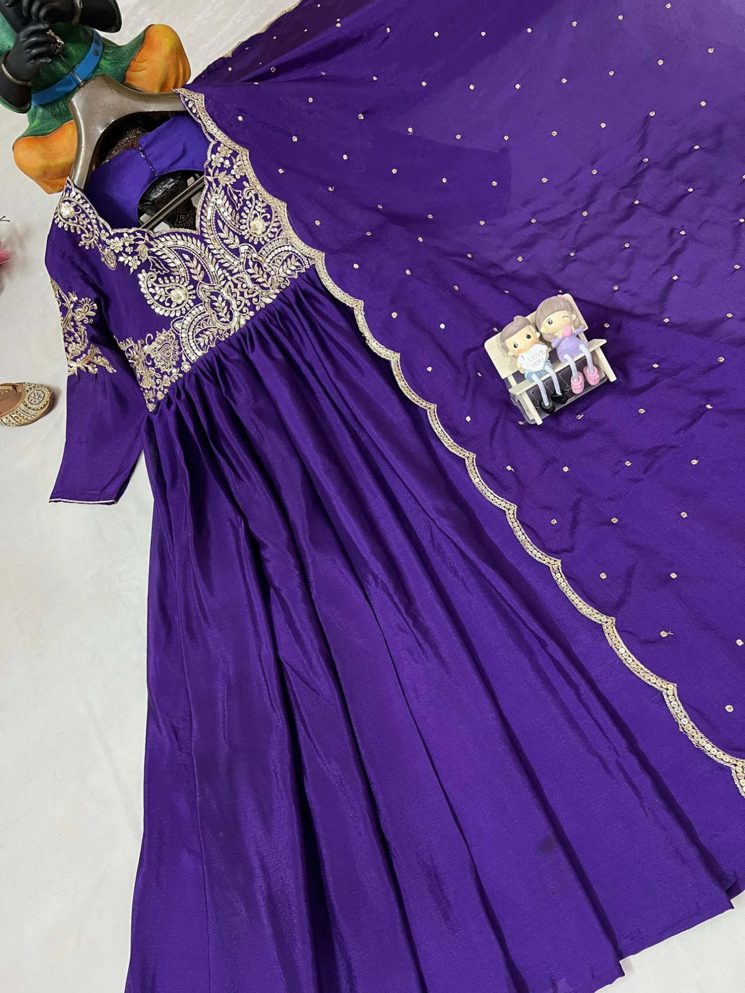 Bollywood Style Evening Gown Ready to Wear | Youteek 1 Newly launched designer bollywood style evening gown in beautiful chinon silk. Zari, thread and 5mm sequins embroidery on front and back. Fully stitched M to XXL, 54 inch length with 3/4 sleeves, 3 metre flair, matching embroidered dupatta. Weight 0.750 kg. Ready to wear. bollywood style evening gown ready to wear