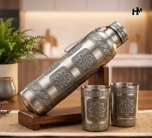 Bottle Set with Glasses | One Bottle and Two Glasses 1 Elegant bottle set with one bottle and two glasses. Aesthetic gifting essential for home styling, serving and festive décor. Discount available on bulk orders. Bottle Set with Glasses