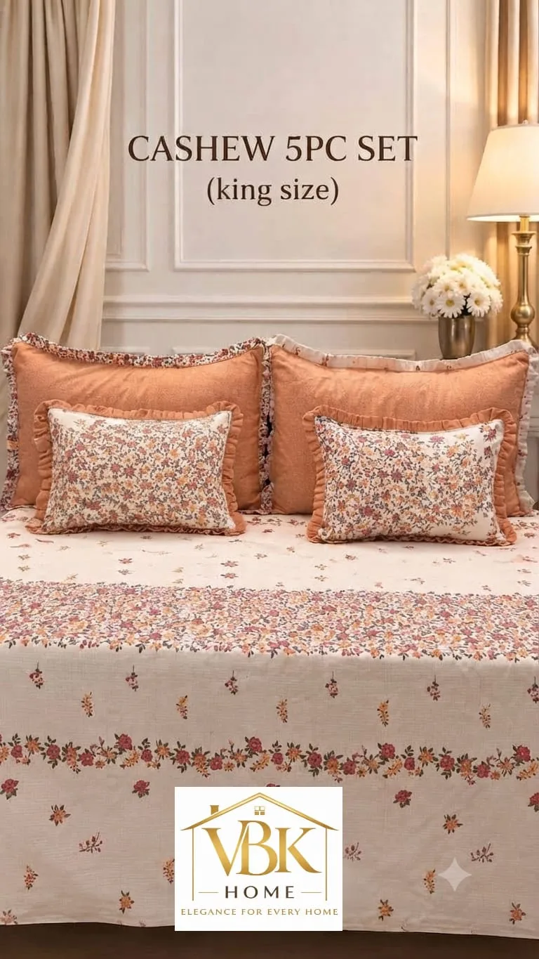 Cashew 5 PC King Size Set with Frill | Cotton Feel Glace Cotton 2 5 PC King Size Set with Frill – 1 King Size Flat Bedsheet (108x108), 2 Pillow Covers with Frills (28x18), 2 Cushion Fillers with Covers & Frill (12x18). Cotton Feel Glace Cotton. Weight 2.4 kg. Attaché bag pack. Cashew 5 PC King Size Set with Frill