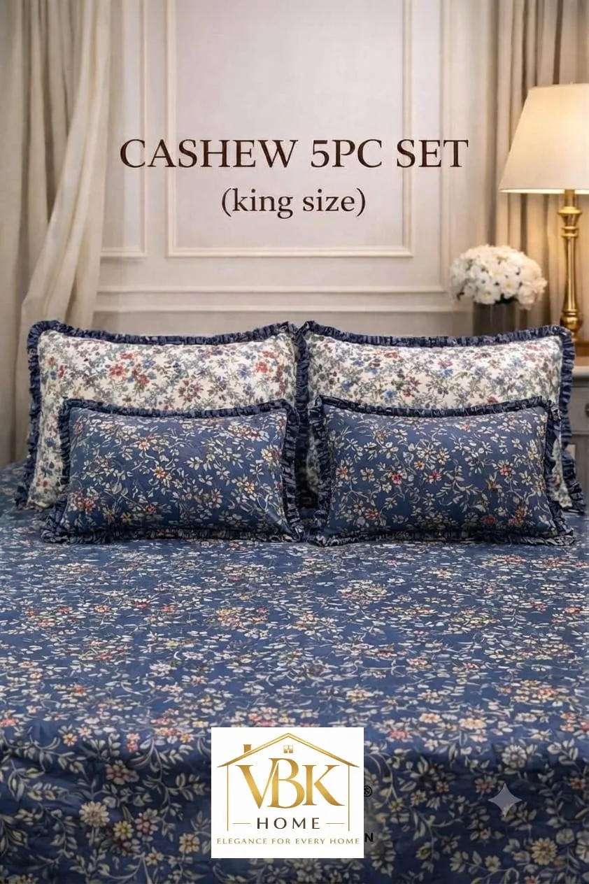 Cashew 5 PC King Size Set with Frill | Cotton Feel Glace Cotton 3 5 PC King Size Set with Frill – 1 King Size Flat Bedsheet (108x108), 2 Pillow Covers with Frills (28x18), 2 Cushion Fillers with Covers & Frill (12x18). Cotton Feel Glace Cotton. Weight 2.4 kg. Attaché bag pack. Cashew 5 PC King Size Set with Frill