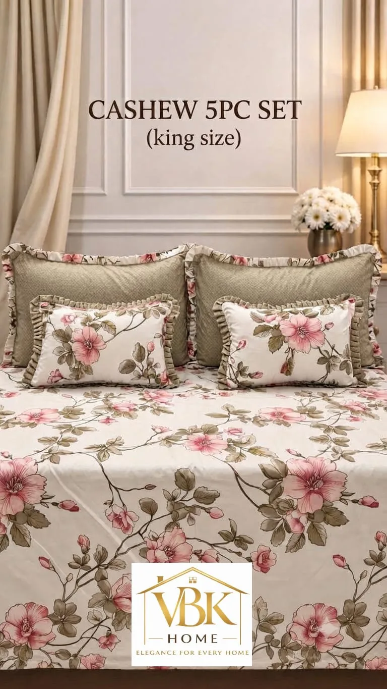 Cashew 5 PC King Size Set with Frill | Cotton Feel Glace Cotton 4 5 PC King Size Set with Frill – 1 King Size Flat Bedsheet (108x108), 2 Pillow Covers with Frills (28x18), 2 Cushion Fillers with Covers & Frill (12x18). Cotton Feel Glace Cotton. Weight 2.4 kg. Attaché bag pack. Cashew 5 PC King Size Set with Frill