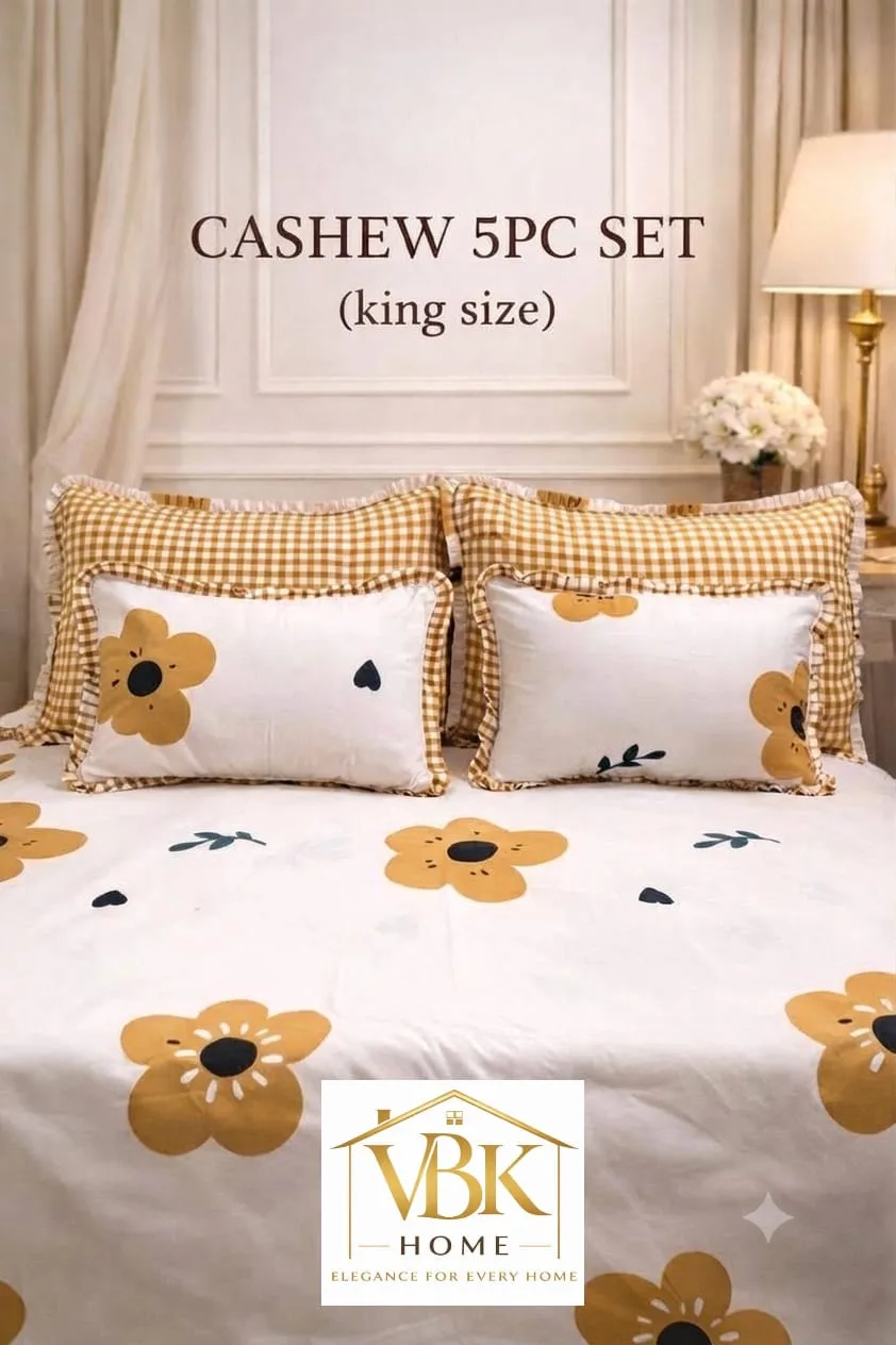 Cashew 5 PC King Size Set with Frill | Cotton Feel Glace Cotton 5 5 PC King Size Set with Frill – 1 King Size Flat Bedsheet (108x108), 2 Pillow Covers with Frills (28x18), 2 Cushion Fillers with Covers & Frill (12x18). Cotton Feel Glace Cotton. Weight 2.4 kg. Attaché bag pack. Cashew 5 PC King Size Set with Frill