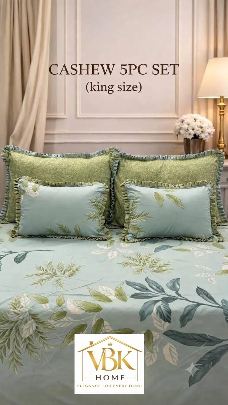 Cashew 5 PC King Size Set with Frill | Cotton Feel Glace Cotton 6 5 PC King Size Set with Frill – 1 King Size Flat Bedsheet (108x108), 2 Pillow Covers with Frills (28x18), 2 Cushion Fillers with Covers & Frill (12x18). Cotton Feel Glace Cotton. Weight 2.4 kg. Attaché bag pack. Cashew 5 PC King Size Set with Frill