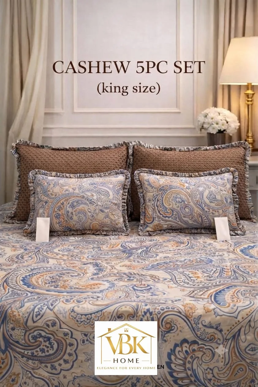 Cashew 5 PC King Size Set with Frill | Cotton Feel Glace Cotton 7 5 PC King Size Set with Frill – 1 King Size Flat Bedsheet (108x108), 2 Pillow Covers with Frills (28x18), 2 Cushion Fillers with Covers & Frill (12x18). Cotton Feel Glace Cotton. Weight 2.4 kg. Attaché bag pack. Cashew 5 PC King Size Set with Frill