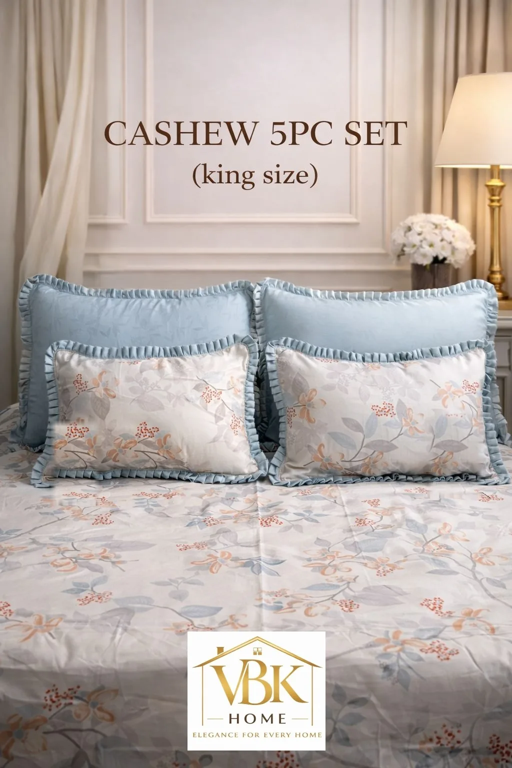 Cashew 5 PC King Size Set with Frill | Cotton Feel Glace Cotton 8 5 PC King Size Set with Frill – 1 King Size Flat Bedsheet (108x108), 2 Pillow Covers with Frills (28x18), 2 Cushion Fillers with Covers & Frill (12x18). Cotton Feel Glace Cotton. Weight 2.4 kg. Attaché bag pack. Cashew 5 PC King Size Set with Frill