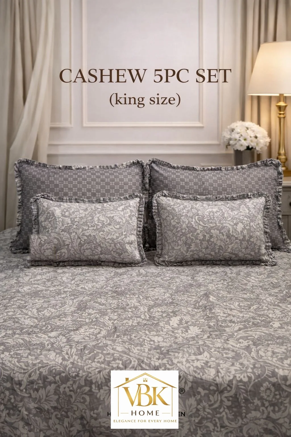 Cashew 5 PC King Size Set with Frill | Cotton Feel Glace Cotton 9 5 PC King Size Set with Frill – 1 King Size Flat Bedsheet (108x108), 2 Pillow Covers with Frills (28x18), 2 Cushion Fillers with Covers & Frill (12x18). Cotton Feel Glace Cotton. Weight 2.4 kg. Attaché bag pack. Cashew 5 PC King Size Set with Frill