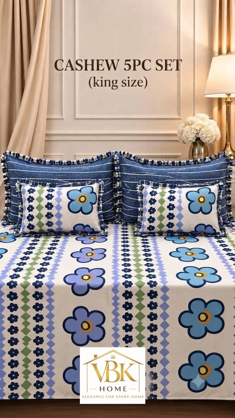 Cashew 5 PC King Size Set with Frill | Cotton Feel Glace Cotton 1 5 PC King Size Set with Frill – 1 King Size Flat Bedsheet (108x108), 2 Pillow Covers with Frills (28x18), 2 Cushion Fillers with Covers & Frill (12x18). Cotton Feel Glace Cotton. Weight 2.4 kg. Attaché bag pack. Cashew 5 PC King Size Set with Frill