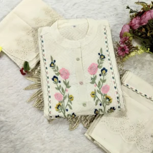 Cotton Dobby Self Zigzag Shiffli Kurti With Pant Dupatta