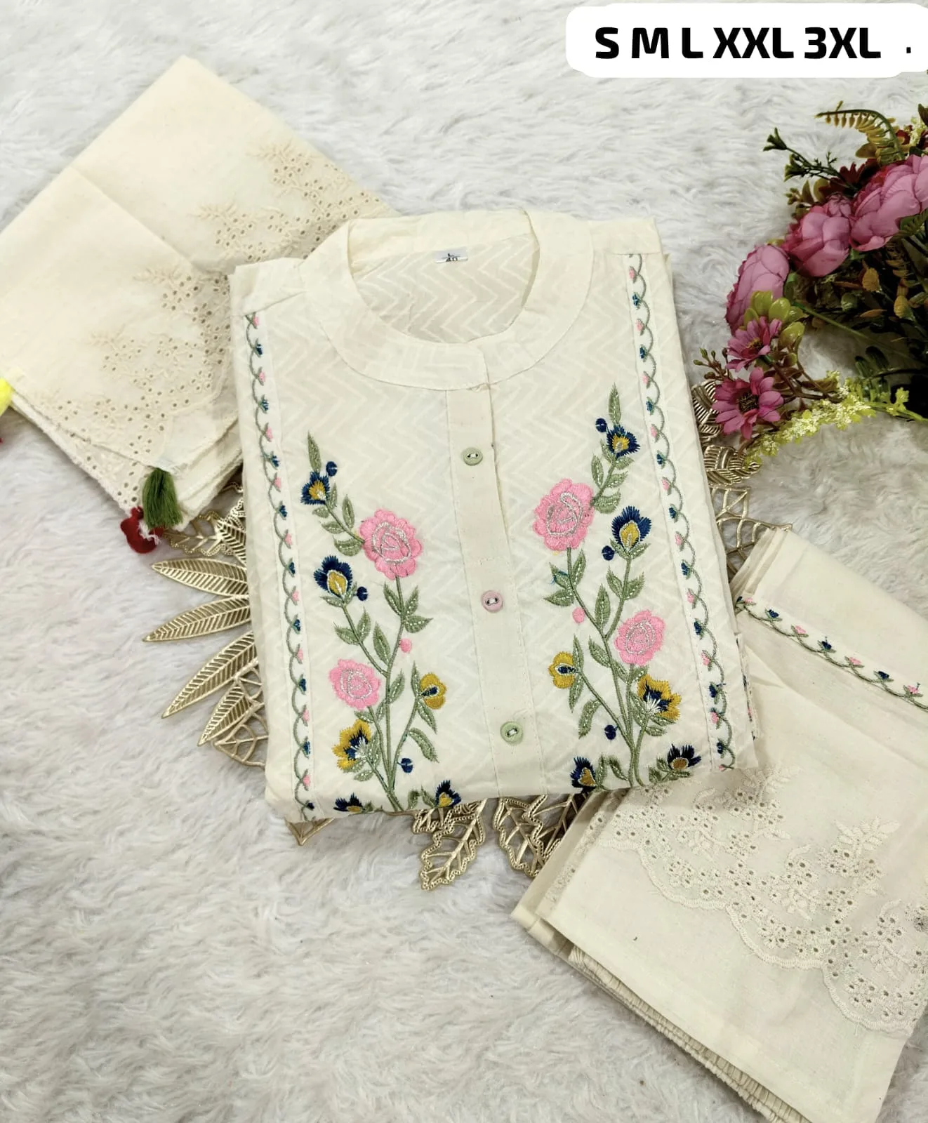 Cotton Dobby Self Zigzag Shiffli Kurti With Pant Dupatta – Complete Ethnic Set 1 Soft cotton dobby self zigzag shiffli kurti with matching pant and stole dupatta. Lightweight, comfortable and perfect for daily or light festive wear. Sizes as mentioned on photo. Cotton Dobby Self Zigzag Shiffli Kurti With Pant Dupatta