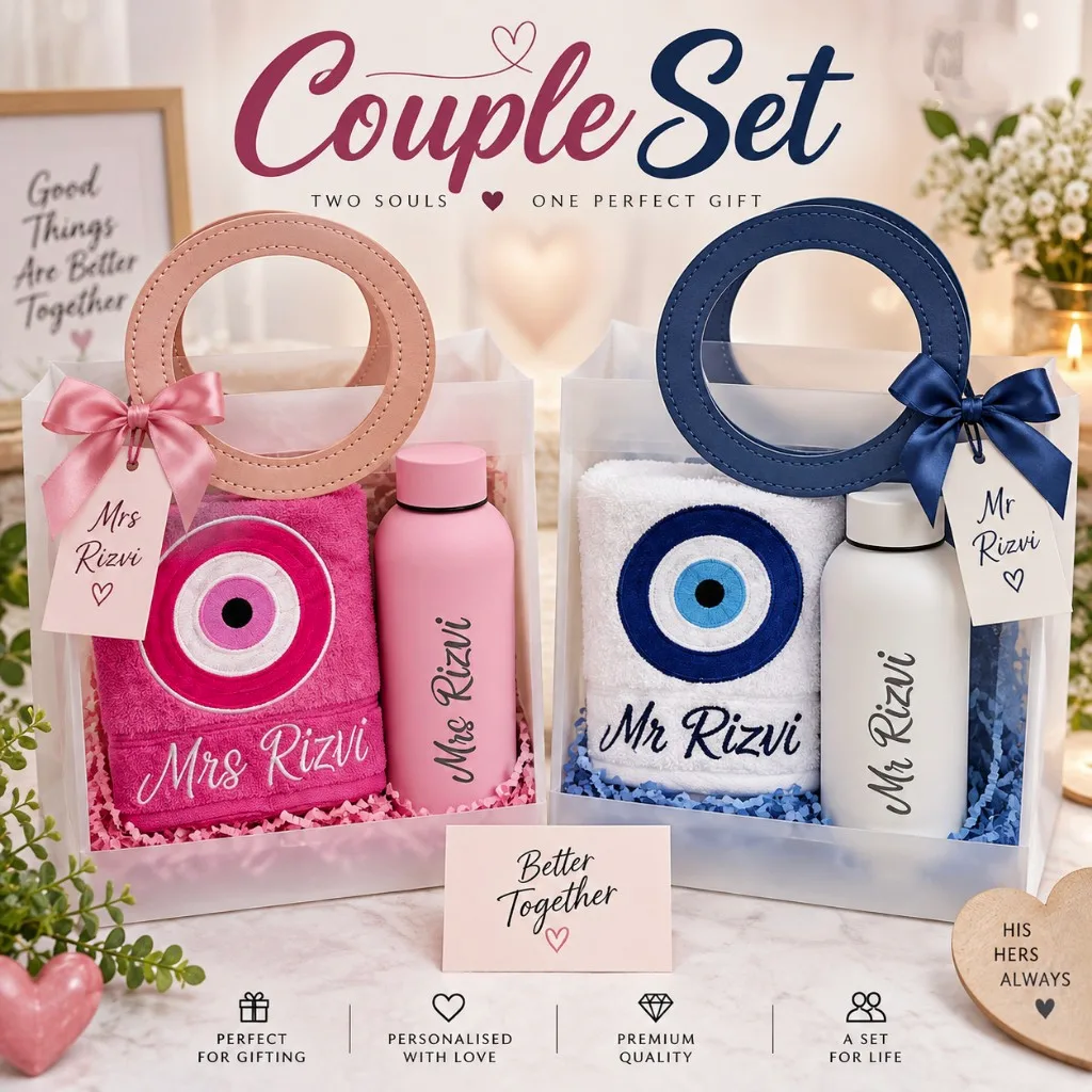 Couple Gifting Combo | Named Towel and 500 ml Bottle 1 Couple gifting combo with one 30x60 inch towel printed with name and evil eye, and one 500 ml insulated bottle with name. Comes in a gift bag. Couple Gifting Combo