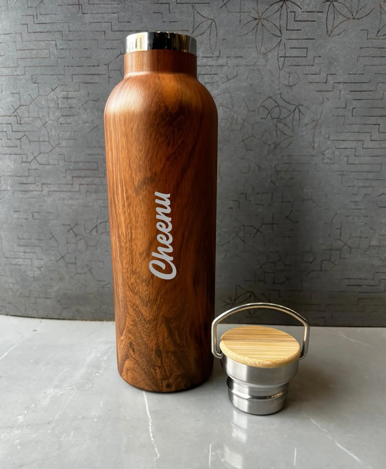 Personalized Walnut Steel Flask 500ml (Name/Logo) | Youteek 2 Customized wooden finish flask, 500 ml. Walnut look on stainless steel, steel inside and outside. Hot and cold up to 8 hours unopened. Name or logo. Box packing. Dispatch in 3-4 working days. customized wooden finish flask