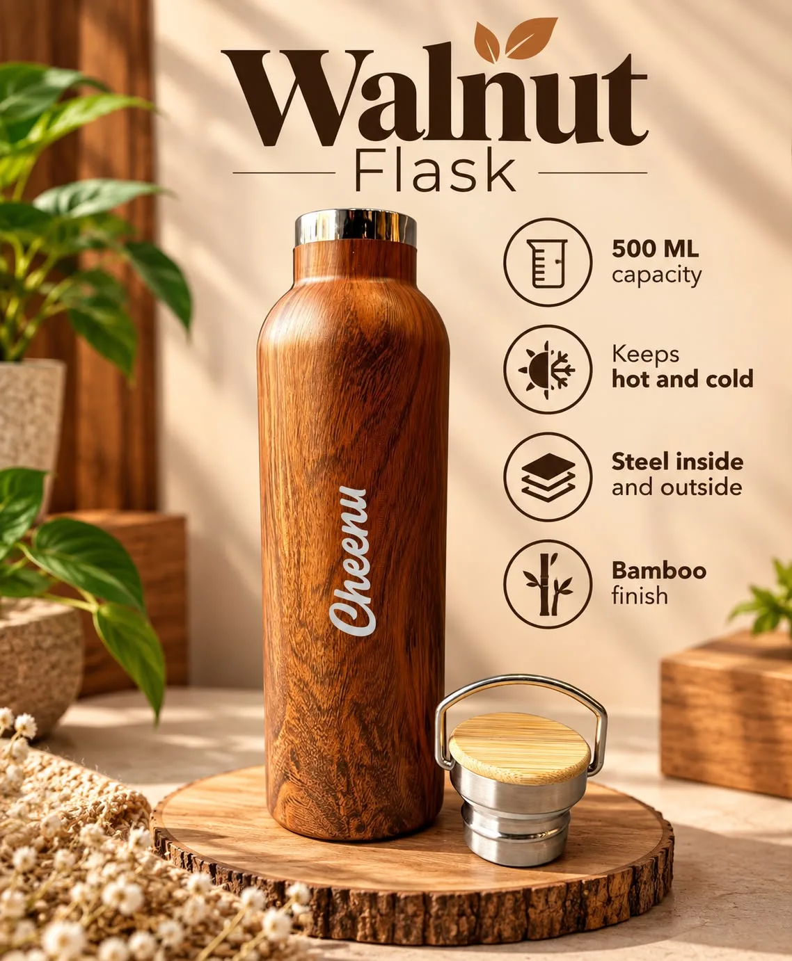 Personalized Walnut Steel Flask 500ml (Name/Logo) | Youteek 1 Customized wooden finish flask, 500 ml. Walnut look on stainless steel, steel inside and outside. Hot and cold up to 8 hours unopened. Name or logo. Box packing. Dispatch in 3-4 working days. customized wooden finish flask