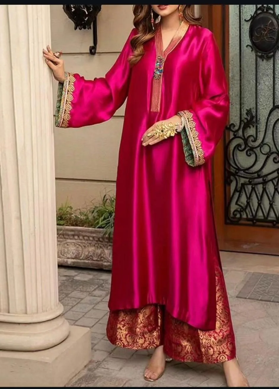 Designer 2 Piece Silk Suit for Small Function | Youteek 2 Beautiful 2 piece designer silk suit. Modal silk top with beautiful neck design and banarsi bottom. Lining included. Sizes 38 to 60 with extra charges for larger sizes. Choose any colour. Perfect for small functions. Latest collection. designer 2 piece silk suit for small function