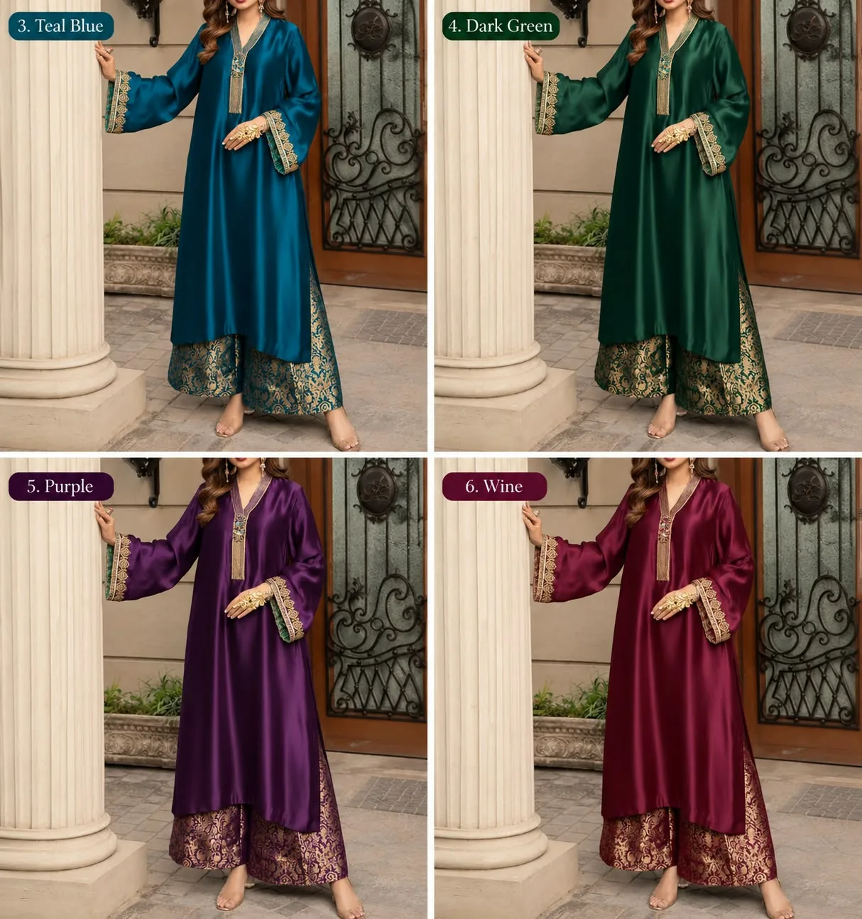 Designer 2 Piece Silk Suit for Small Function | Youteek 1 Beautiful 2 piece designer silk suit. Modal silk top with beautiful neck design and banarsi bottom. Lining included. Sizes 38 to 60 with extra charges for larger sizes. Choose any colour. Perfect for small functions. Latest collection. designer 2 piece silk suit for small function