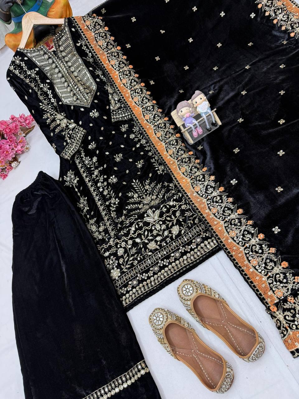 Designer Velvet Palazzo Suit Under 2000 | Youteek 2 Newly launched designer velvet palazzo suit in premium velvet. 5mm sequins and zari embroidery. Fully stitched M to XXL, kurti 46 inches with 3/4 sleeves, free size palazzo 39-40 inches, fancy lace border dupatta. designer velvet palazzo suit under 2000