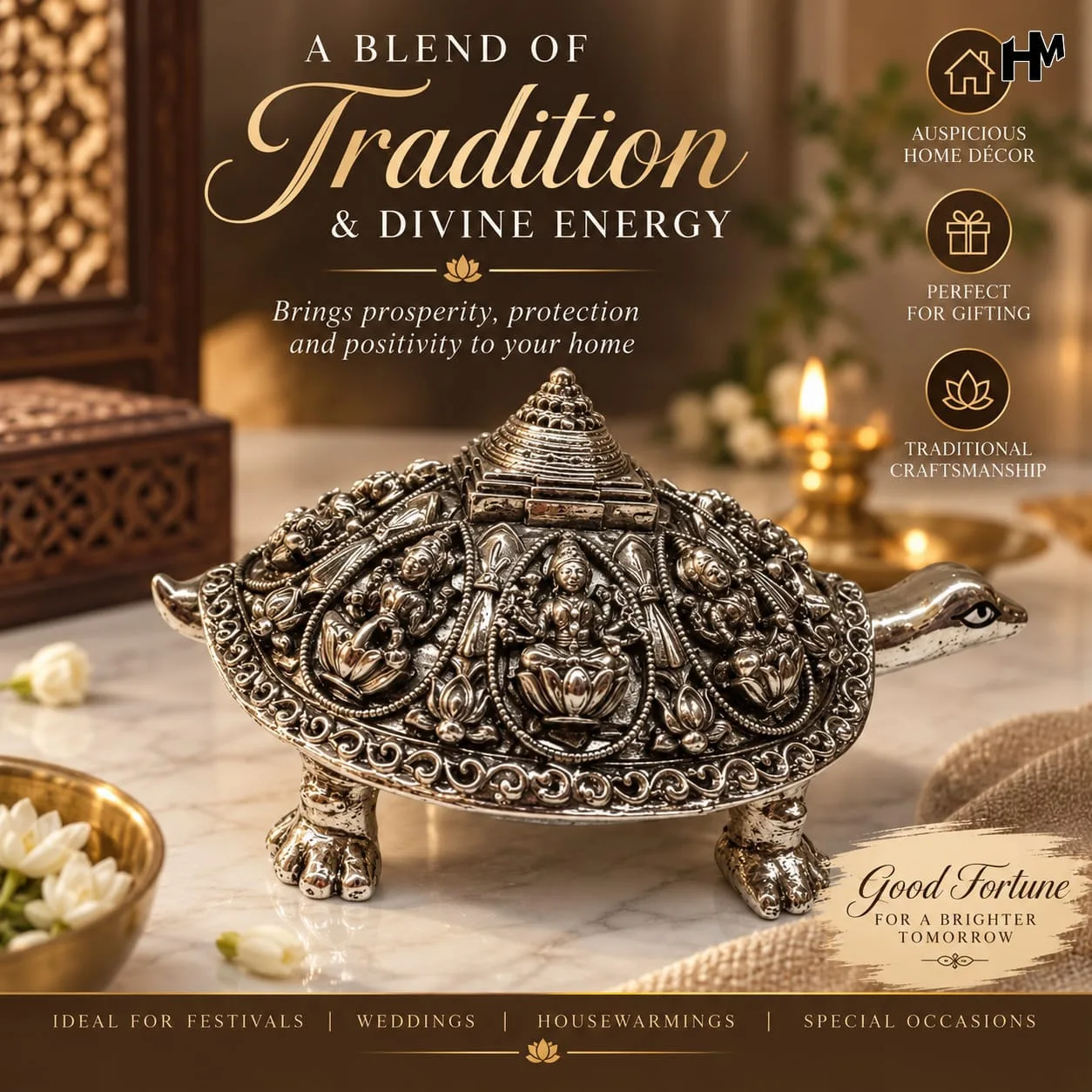 Dual Tone Ashtalakshmi Tortoise | Handcrafted 3.5 Inch 1 Handcrafted dual tone plated Ashtalakshmi tortoise, size 3.5 inches. Festive décor for pooja, home styling and gifting. Discount available on bulk orders. Dual Tone Ashtalakshmi Tortoise