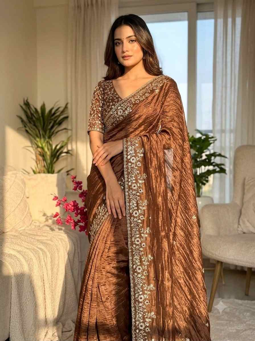 Frendy Chiffon Sequence Embroidery Saree 5 Trending designer party wear Frendy Chiffon saree featuring intricate sequins floral embroidery work across the drape, available in 13 vibrant colors. Includes a matching unstitched Frendy Chiffon blouse piece with heavy sequins work. Frendy Chiffon Sequence Embroidery Saree | NC-5461