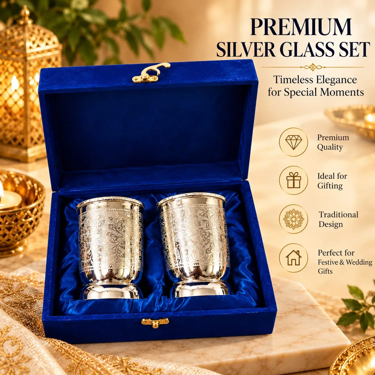 Elegant Glass Set | German Silver Aesthetic Kitchen Décor 1 Beautiful glass set made in German silver. Aesthetic kitchen essential for serving and home styling. Discount available on bulk orders. Elegant Glass Set