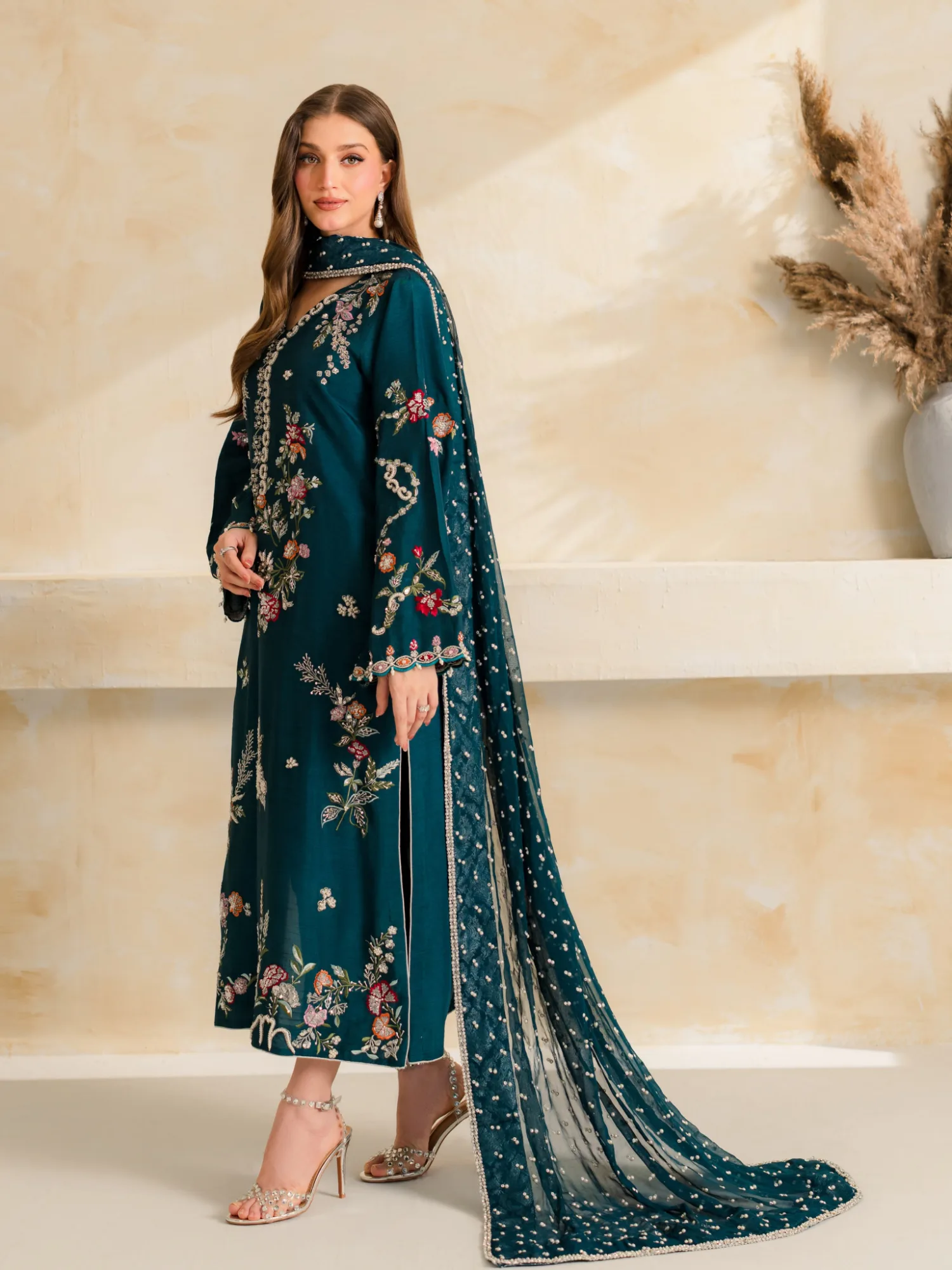 Embroidered Chanderi Pant Suit Under 1500 | Youteek 2 Beautiful three piece embroidered chanderi pant suit under 1500 in mul chanderi. Embroidery with diamond work. Fully stitched M to XXL, top 44 inches, free size pant 40 inches, matching embroidered dupatta. Weight 540 gram. Ready to dispatch. embroidered chanderi pant suit under 1500
