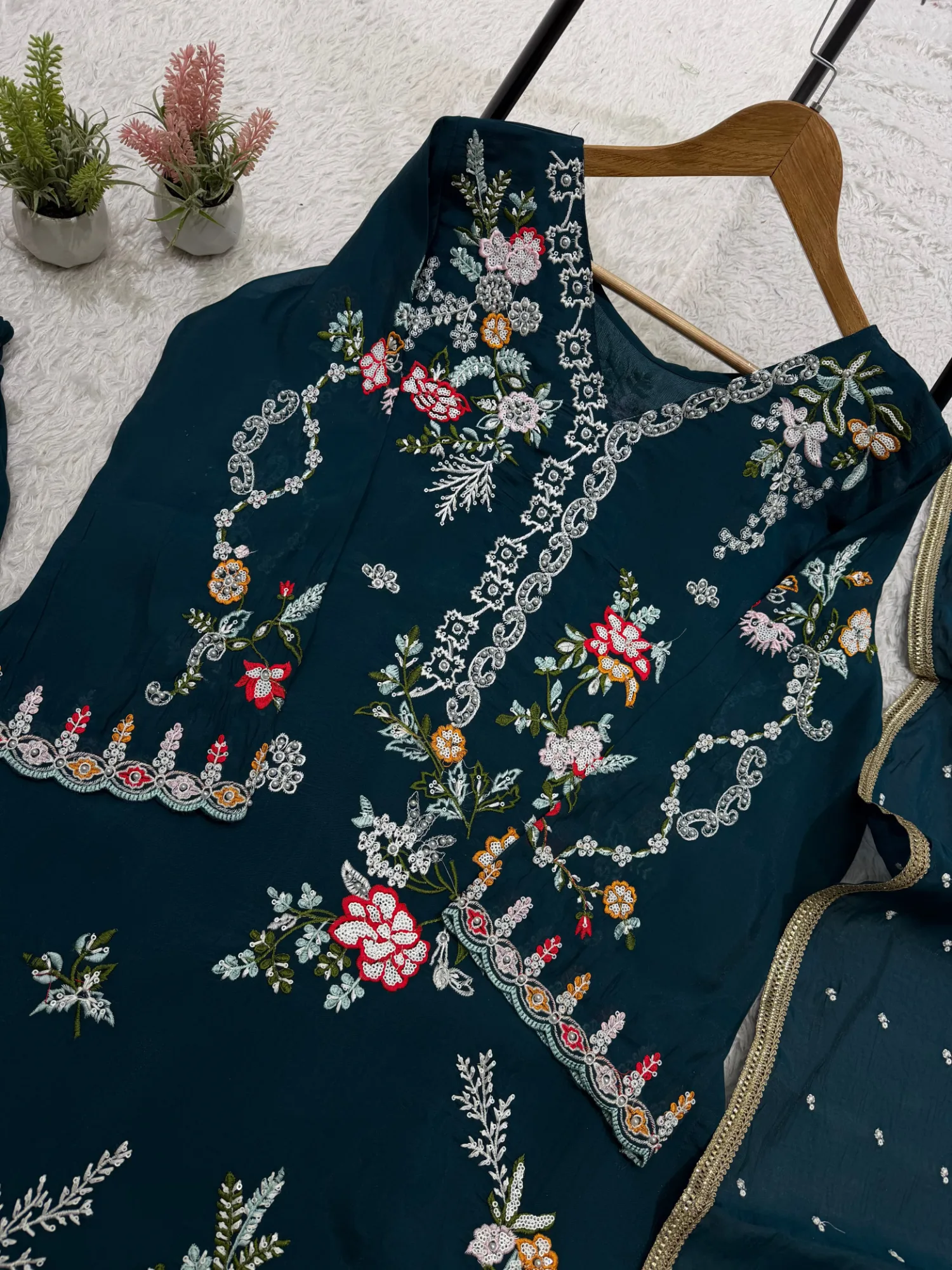 Embroidered Chanderi Pant Suit Under 1500 | Youteek 3 Beautiful three piece embroidered chanderi pant suit under 1500 in mul chanderi. Embroidery with diamond work. Fully stitched M to XXL, top 44 inches, free size pant 40 inches, matching embroidered dupatta. Weight 540 gram. Ready to dispatch. embroidered chanderi pant suit under 1500