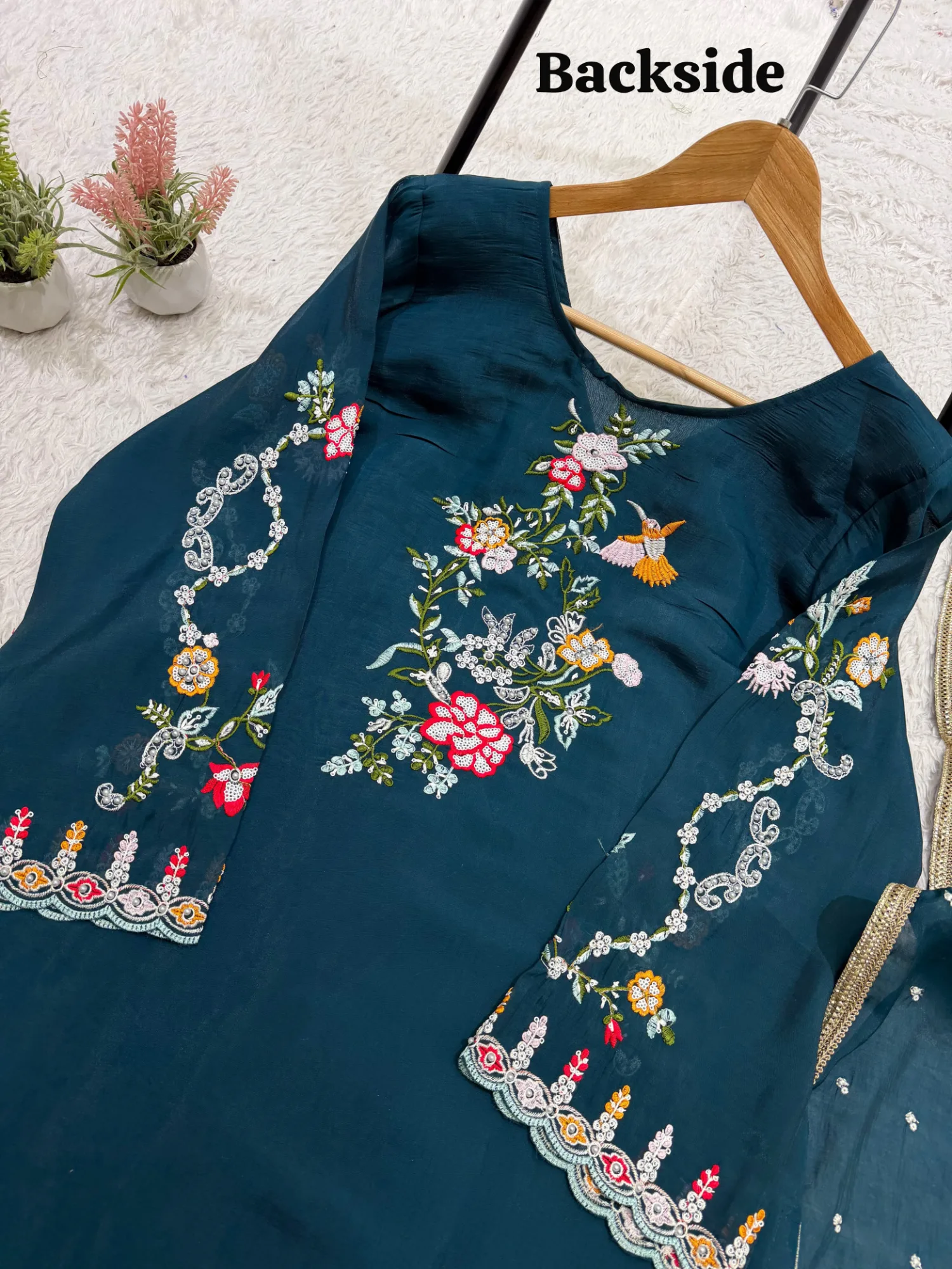 Embroidered Chanderi Pant Suit Under 1500 | Youteek 4 Beautiful three piece embroidered chanderi pant suit under 1500 in mul chanderi. Embroidery with diamond work. Fully stitched M to XXL, top 44 inches, free size pant 40 inches, matching embroidered dupatta. Weight 540 gram. Ready to dispatch. embroidered chanderi pant suit under 1500