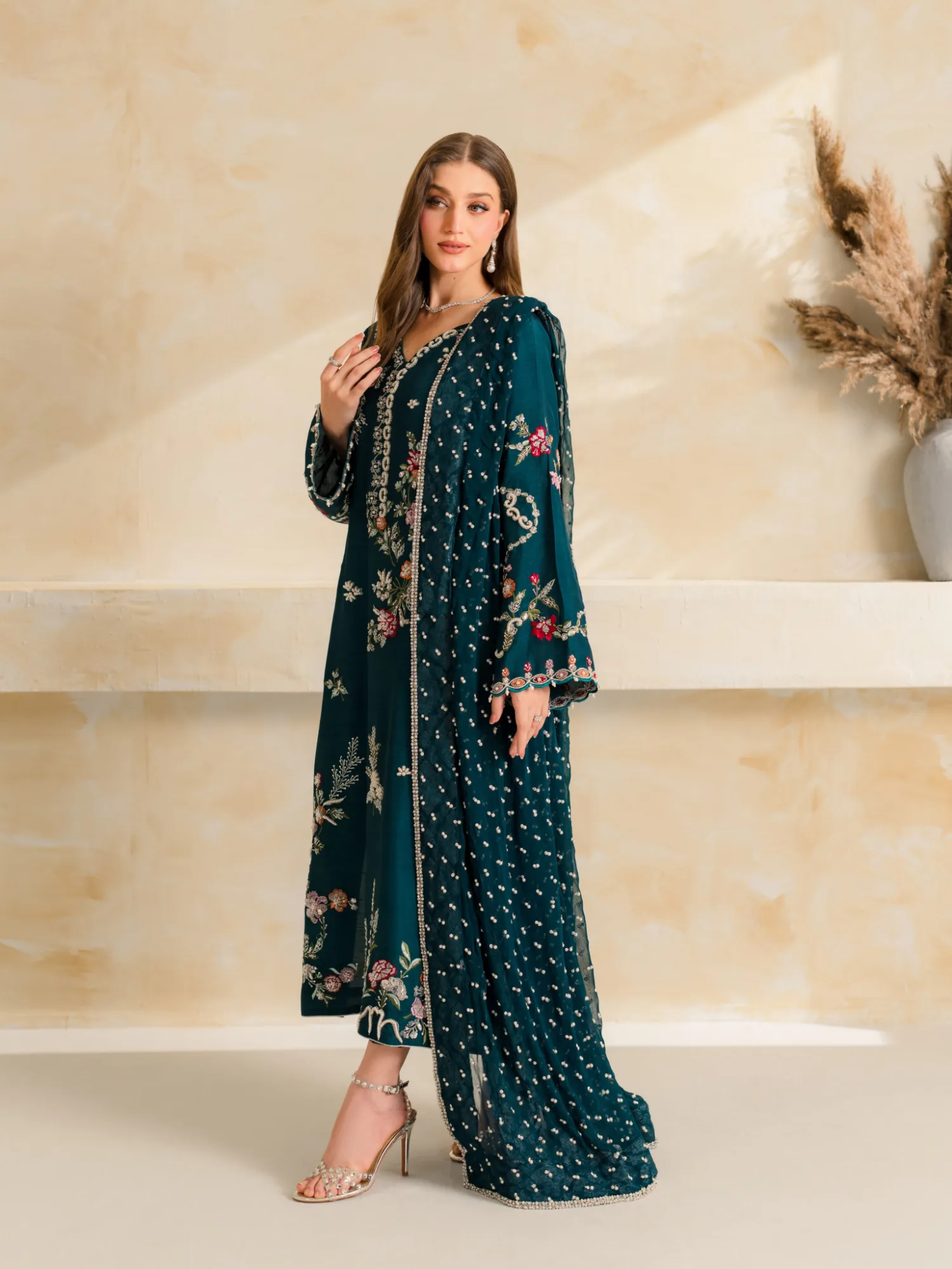 Embroidered Chanderi Pant Suit Under 1500 | Youteek 1 Beautiful three piece embroidered chanderi pant suit under 1500 in mul chanderi. Embroidery with diamond work. Fully stitched M to XXL, top 44 inches, free size pant 40 inches, matching embroidered dupatta. Weight 540 gram. Ready to dispatch. embroidered chanderi pant suit under 1500
