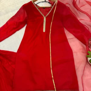 embroidered satin kurti pant set with dupatta