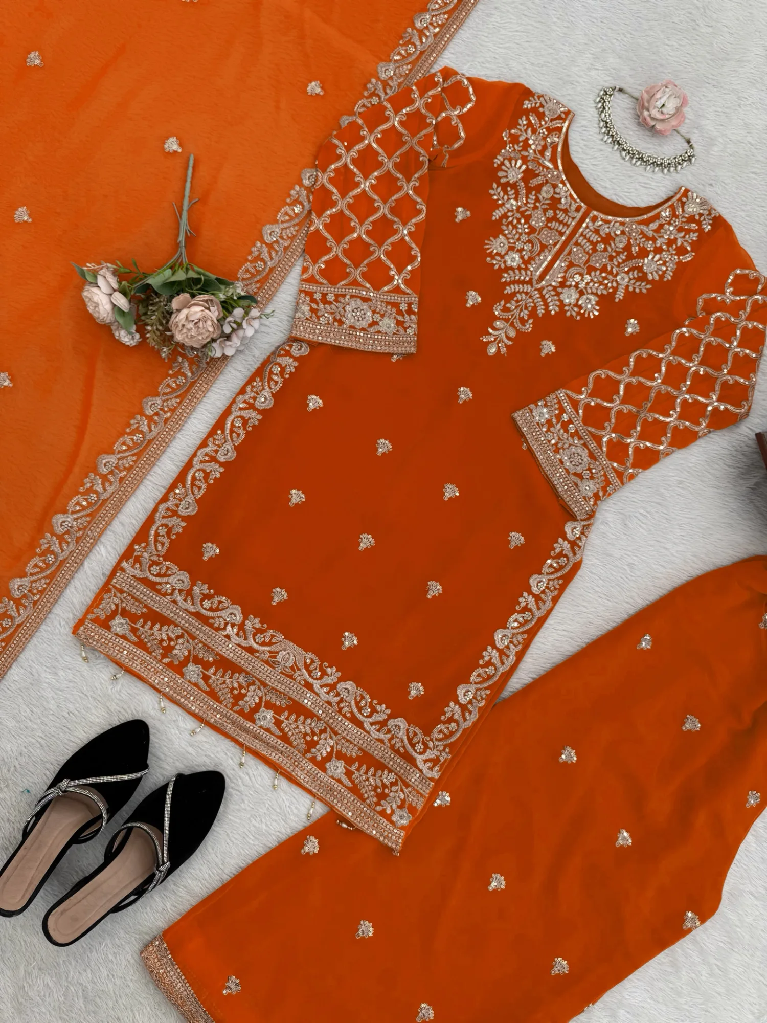 Faux Georgette Palazzo Suit with Sequence Work | Youteek 3 Fully stitched faux georgette palazzo suit with sequence work and thread embroidery. Micro inner, elastic palazzo, 2.10 m dupatta. Sizes M to XXL with 3XL margin. Weight about 1 kg. faux georgette palazzo suit with sequence work