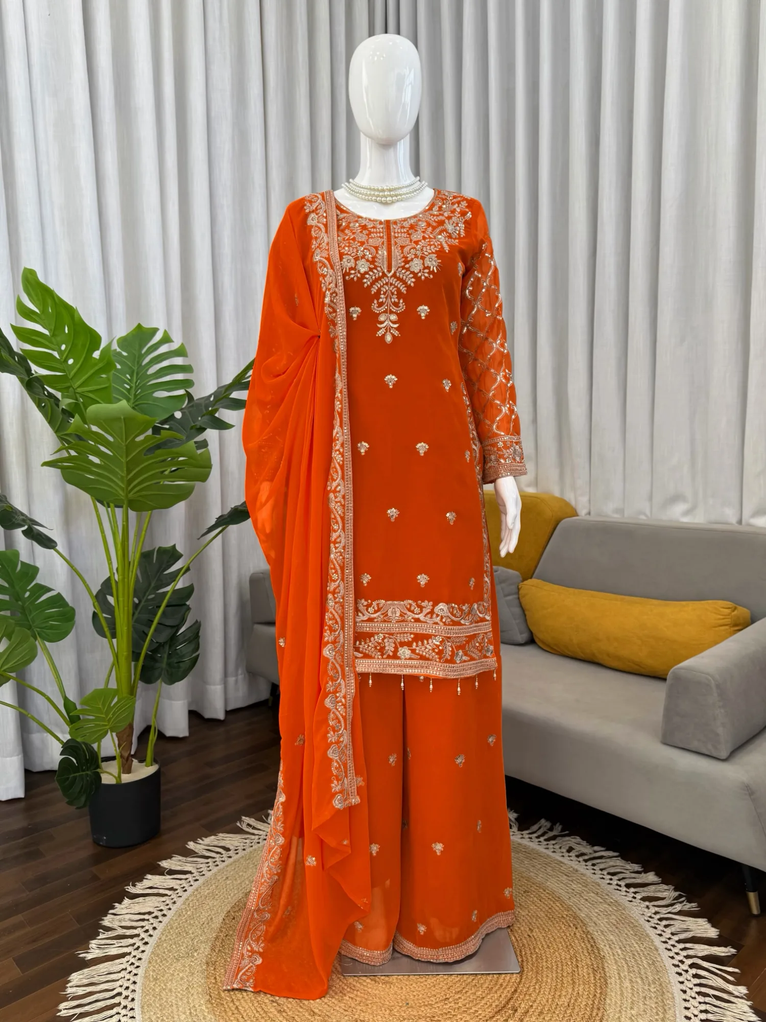 Faux Georgette Palazzo Suit with Sequence Work | Youteek 1 Fully stitched faux georgette palazzo suit with sequence work and thread embroidery. Micro inner, elastic palazzo, 2.10 m dupatta. Sizes M to XXL with 3XL margin. Weight about 1 kg. faux georgette palazzo suit with sequence work