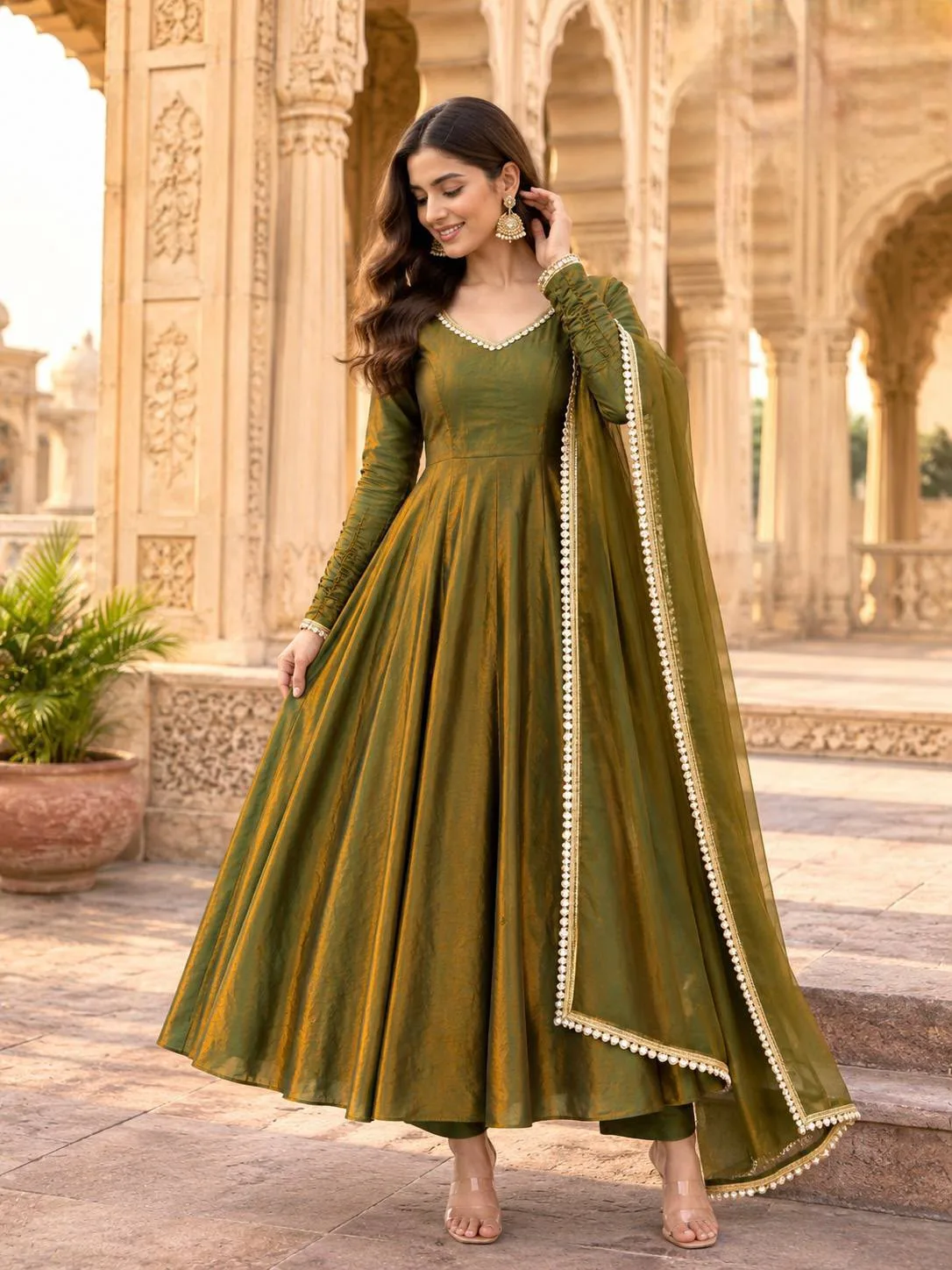 Fendy Silk Mirror Gown Set | Fully Stitched 3 Fully stitched fendy silk gown set with real mirror work. Gown length 52 inches, round dori neck, 20 inch sleeves. Micro cotton pant 38 inches. Dupatta 2.20 meters. Sizes M to XXL. Code 5075. Weight 0.7 kg. Fendy Silk Mirror Gown Set