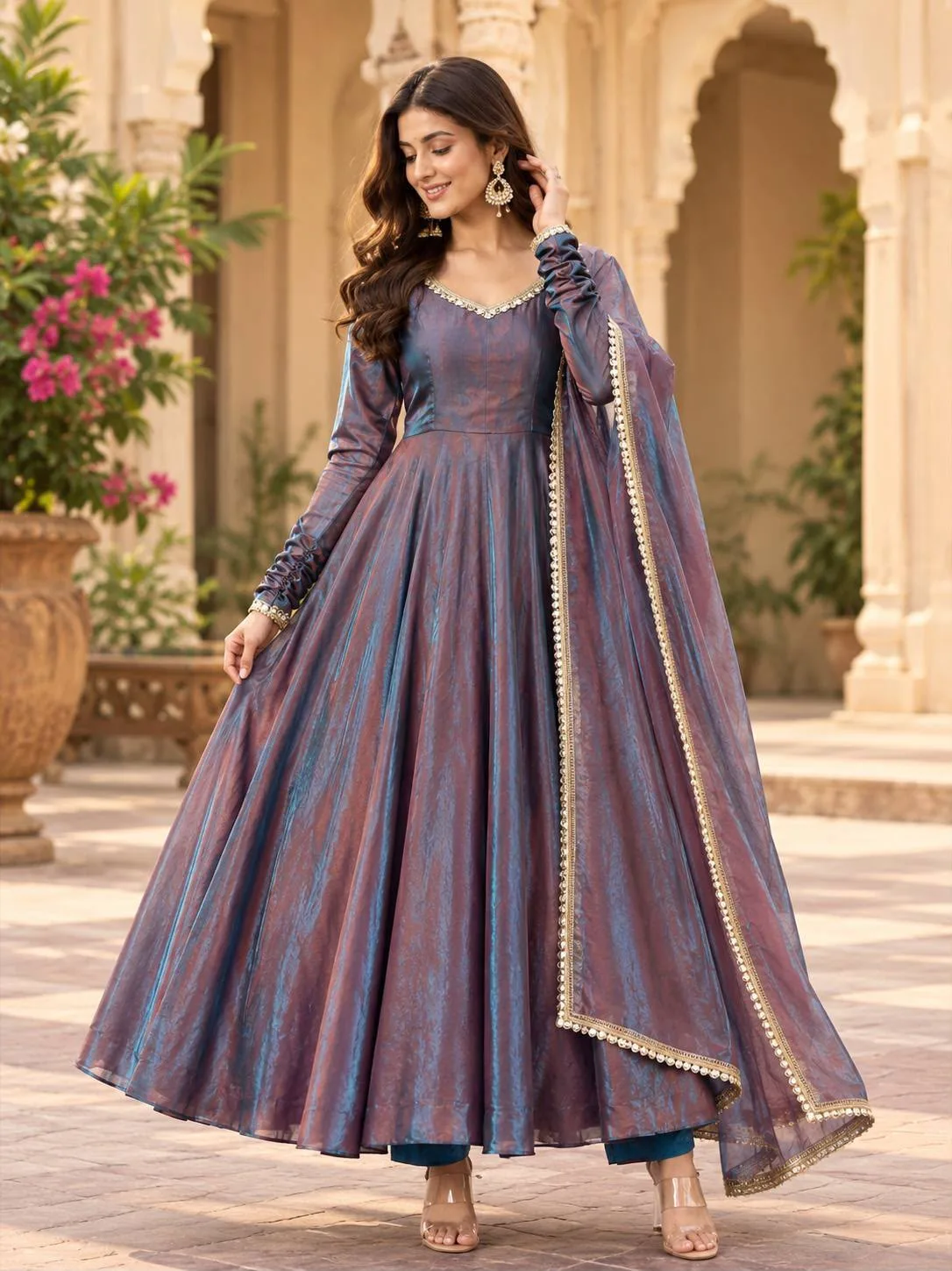 Fendy Silk Mirror Gown Set | Fully Stitched 4 Fully stitched fendy silk gown set with real mirror work. Gown length 52 inches, round dori neck, 20 inch sleeves. Micro cotton pant 38 inches. Dupatta 2.20 meters. Sizes M to XXL. Code 5075. Weight 0.7 kg. Fendy Silk Mirror Gown Set